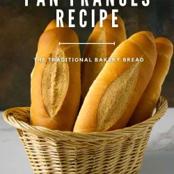 Four pan francés rolls in basket with the text "Venezuelan pan fracés recipe" above.