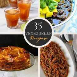 Collage of Venezuelan dishes including papelón con limón, black beans, torta de plátano, shredded beef, with a text 25 Venezuelan Recipes.