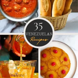 Four Venezuelan foods: meatball in tomato sauce, pan francés rolls, pineapple dessert, and guarapita with ice. Text overlay in center highlights Venezuelan recipes.