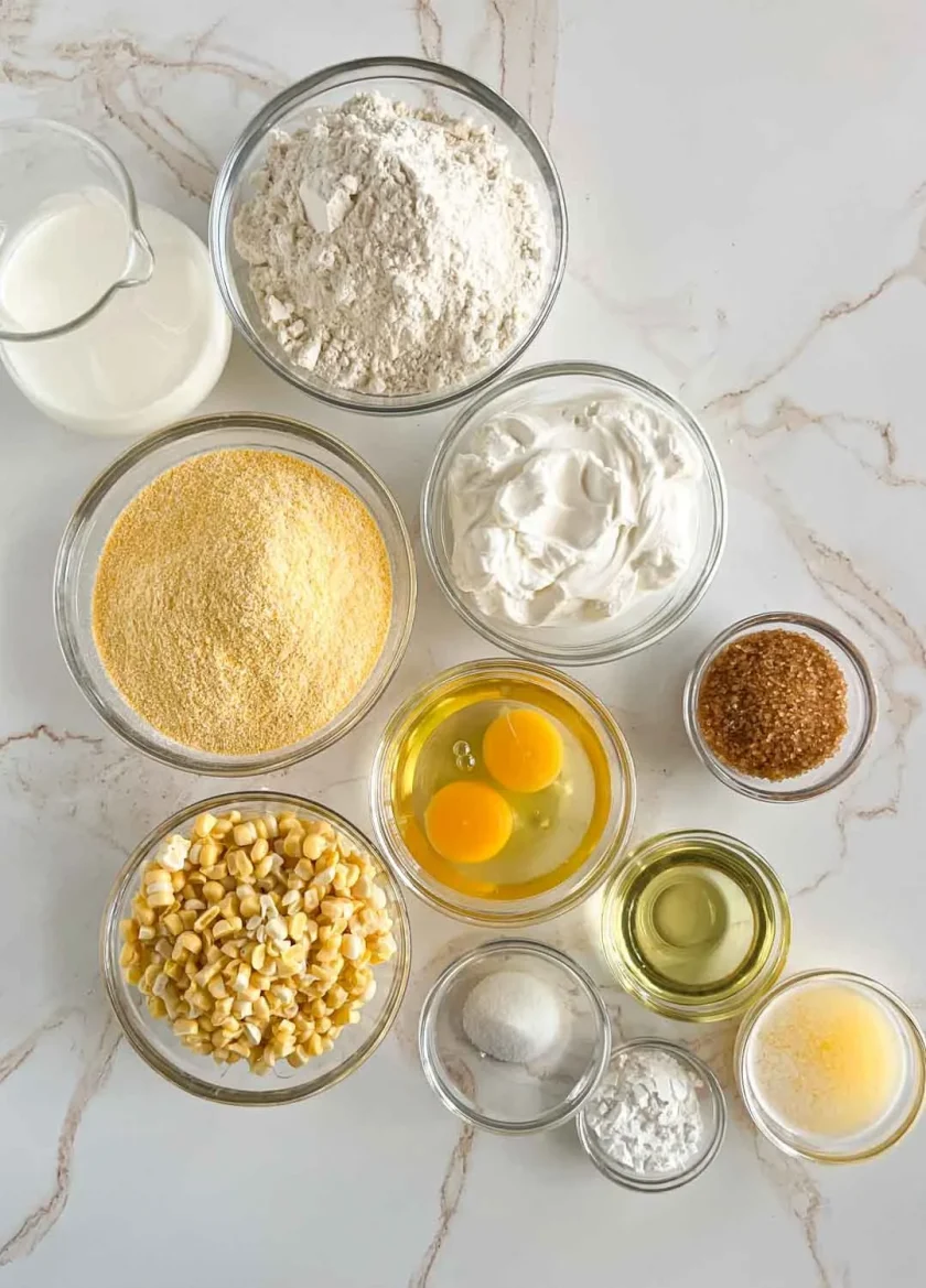 Tazones con harina, harina de maíz, crema agria, azúcar, huevos, maíz, aceite, leche, sal, levadura en polvo y mantequilla derretida, para hacer pan de maíz.