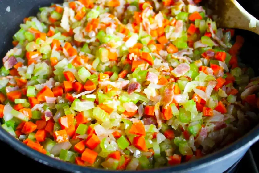 Chopped carrots, celery, onion, and bacon cooking in a skillet, being stirred with a spoon.