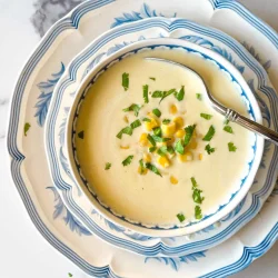 A bowl of creamy crema de jojoto topped with corn and chopped herbs, served on blue and white plates with a spoon.