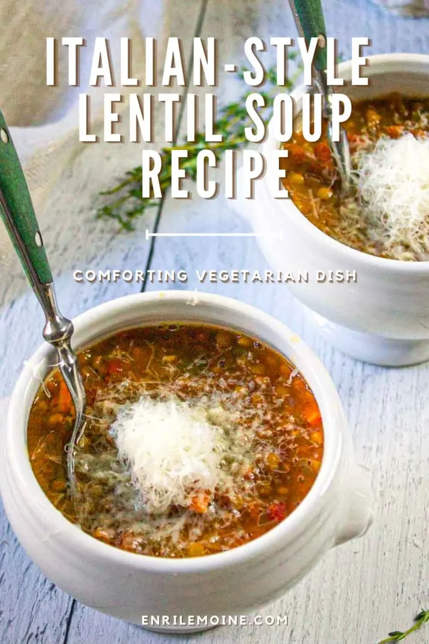 Two white bowls of Italian-Style Lentil Soup topped with grated cheese, each with a spoon, on a wooden table.
