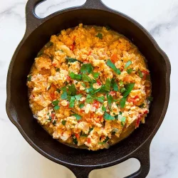 A black pot filled with perico scrambled eggs with sofrito, mixed with vegetables and topped with chopped fresh herbs.