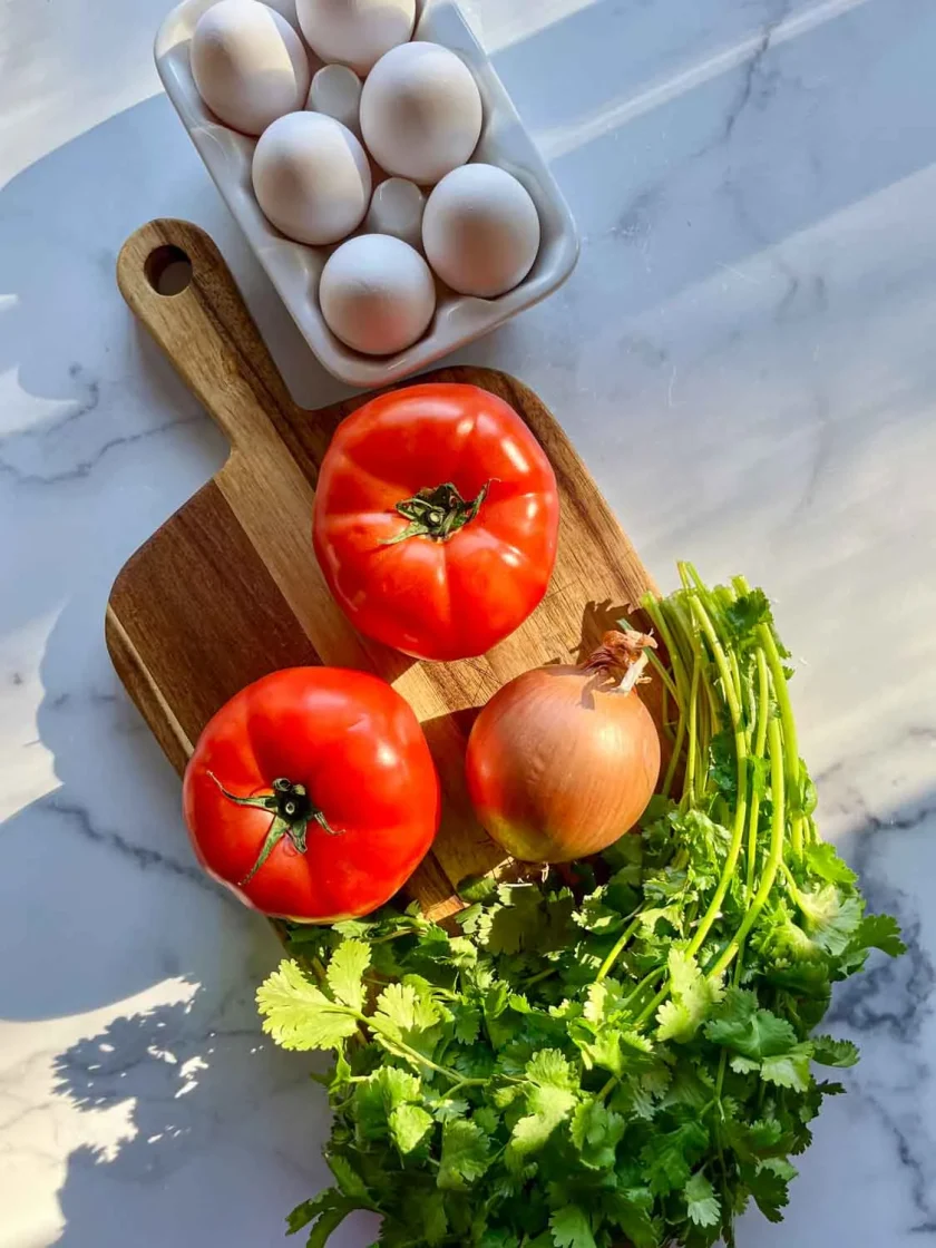 Eggs, tomatoes, an onion, and fresh cilantro on a wooden cutting board on a sunlit white countertop.