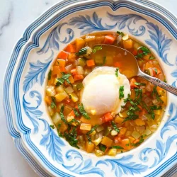 Un cuenco de sopa de verduras con un huevo escalfado encima, servido en un plato con motivos azules y blancos.