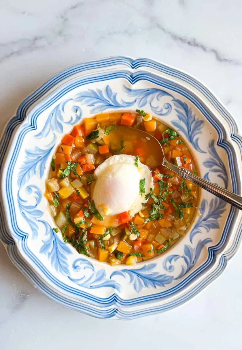 Un plato de sopa de verduras con un huevo escalfado, servido en un plato con motivos azules y blancos.