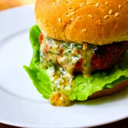 A burger with lettuce and a sesame seed bun, featuring apricot-chipotle mayo dripping from the patty, served on a white plate.