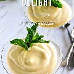 Two glass dessert cups filled with creamy passion fruit mousse, garnished with fresh mint leaves, set on a white marble surface with spoons nearby. Text overlay describes the dessert.