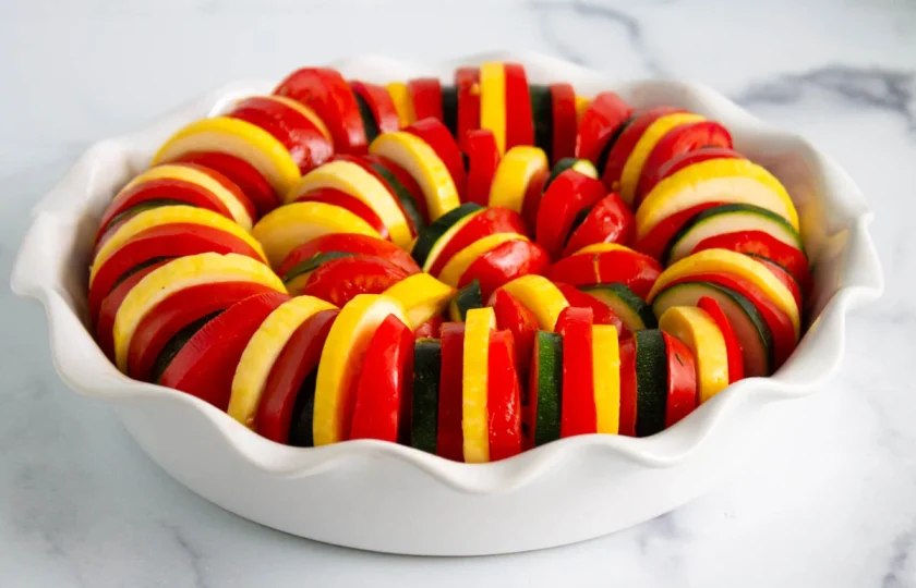 Sliced zucchini, yellow squash, and tomato arranged in alternating layers in a round, white baking dish on a marble surface.