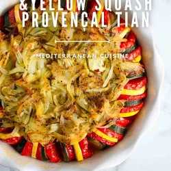 A round dish filled with neatly arranged slices of tomato, zucchini, and yellow squash, topped with cooked onions and herbs. Text overlay describes it as a Provençal tian.