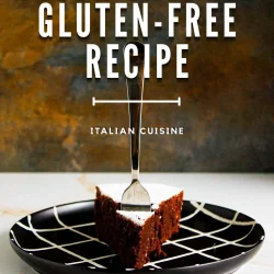 A slice of chocolate cake with a fork stands on a black plate with a white grid pattern; text reads "Torta Caprese Gluten-Free Recipe, Italian Cuisine.