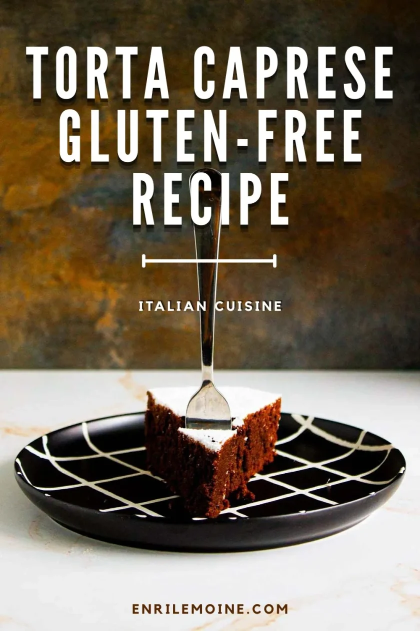 A slice of chocolate cake with a fork stands on a black plate with a white grid pattern; text reads "Torta Caprese Gluten-Free Recipe, Italian Cuisine.