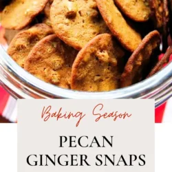 A glass jar filled with pecan ginger snap cookies, shown above text advertising an easy recipe for baking season.