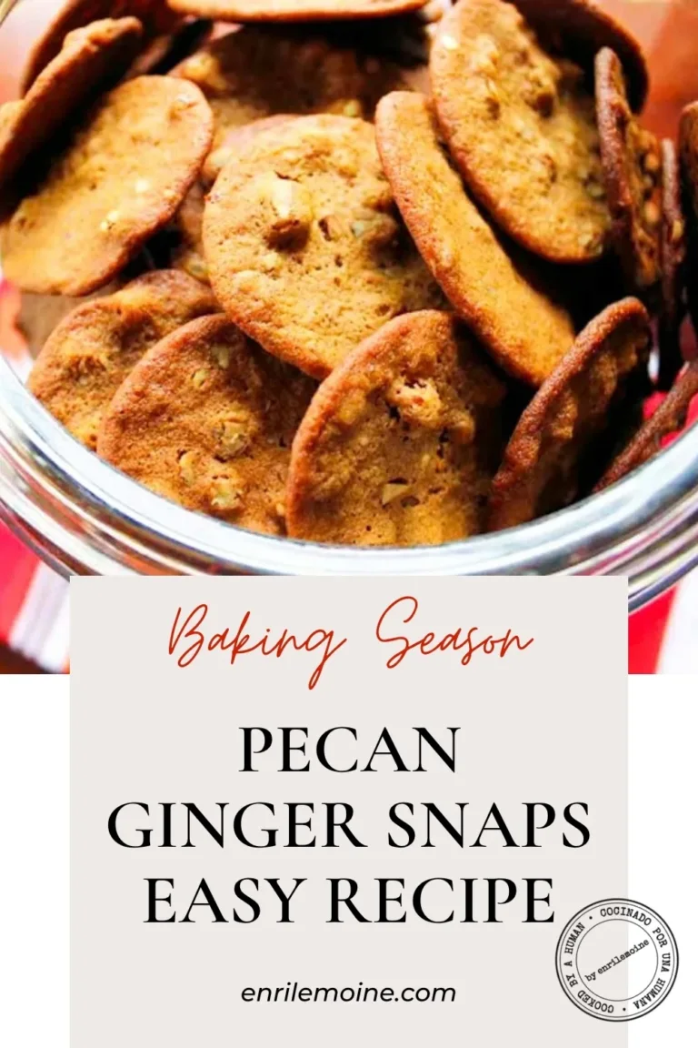 A glass jar filled with pecan ginger snap cookies, shown above text advertising an easy recipe for baking season.