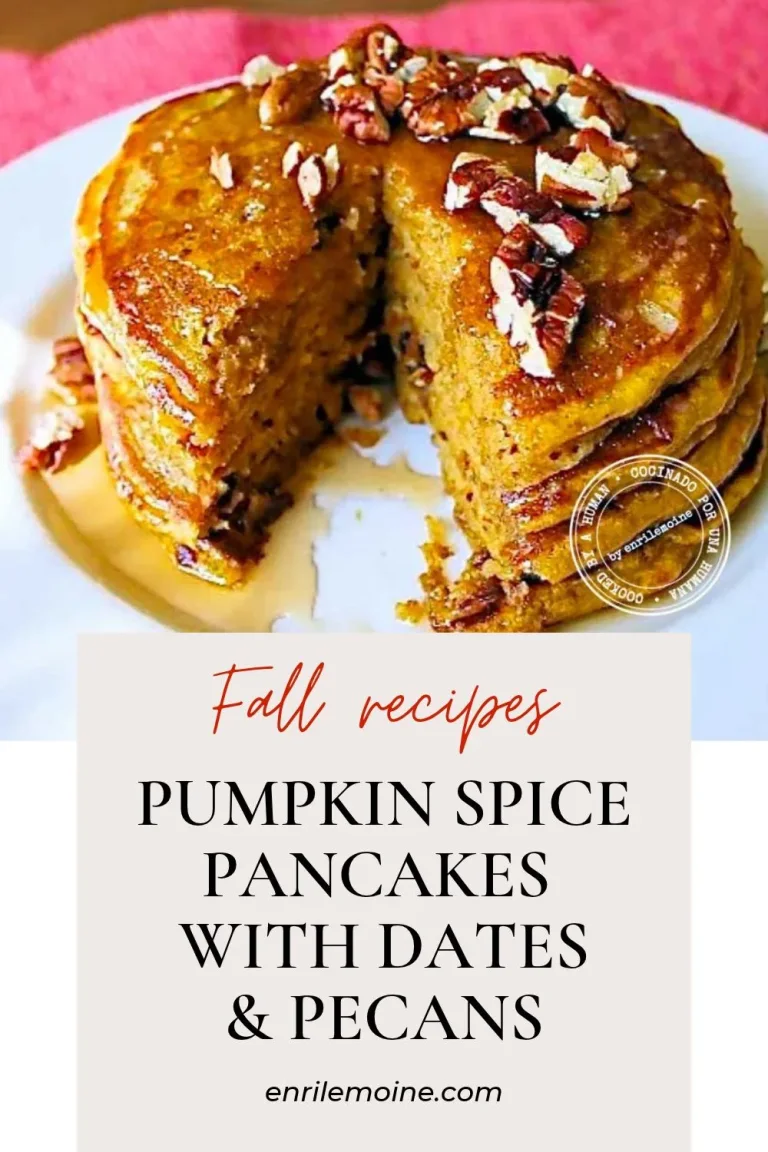 Stack of pumpkin pancakes topped with pecans and syrup, with text reading “Fall recipes: Pumpkin spice pancakes with dates & pecans.”